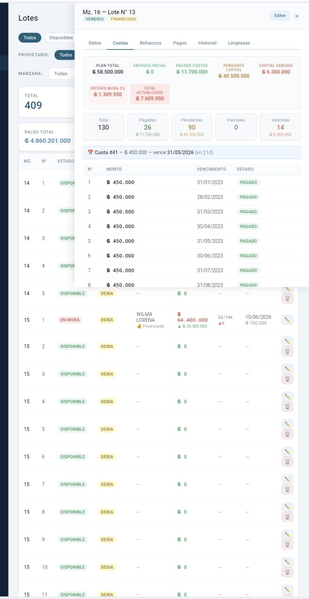 Captura real — Ficha de cliente y plan de cuotas en LOTEX 360